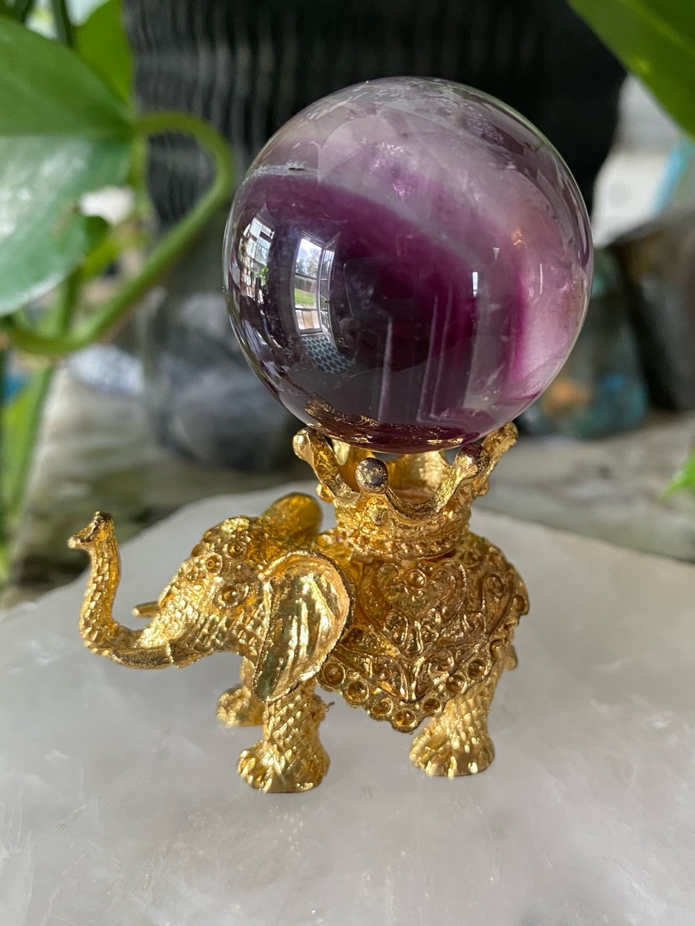 🐘✨Gold Elephant Crystal Ball Stand with Rainbow Fluorite Crystal Sphere